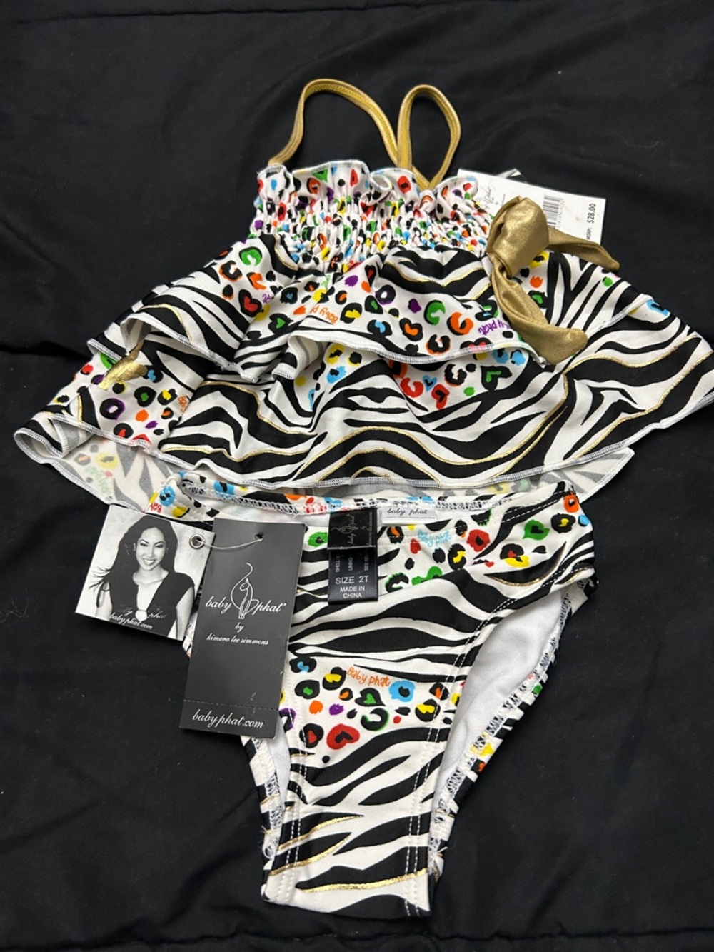 Baby Phat Girls' Zebra Print Two-Piece Swimsuit with Gold Accents - White/Multi
